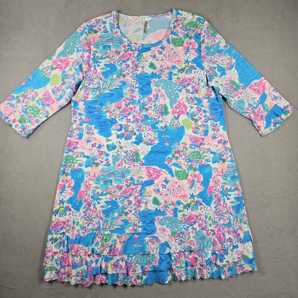 Lulu B Dress Women's XL Blue Pink 3/4 Sleeve UPF 50 Comfort Beach Tropical Boat